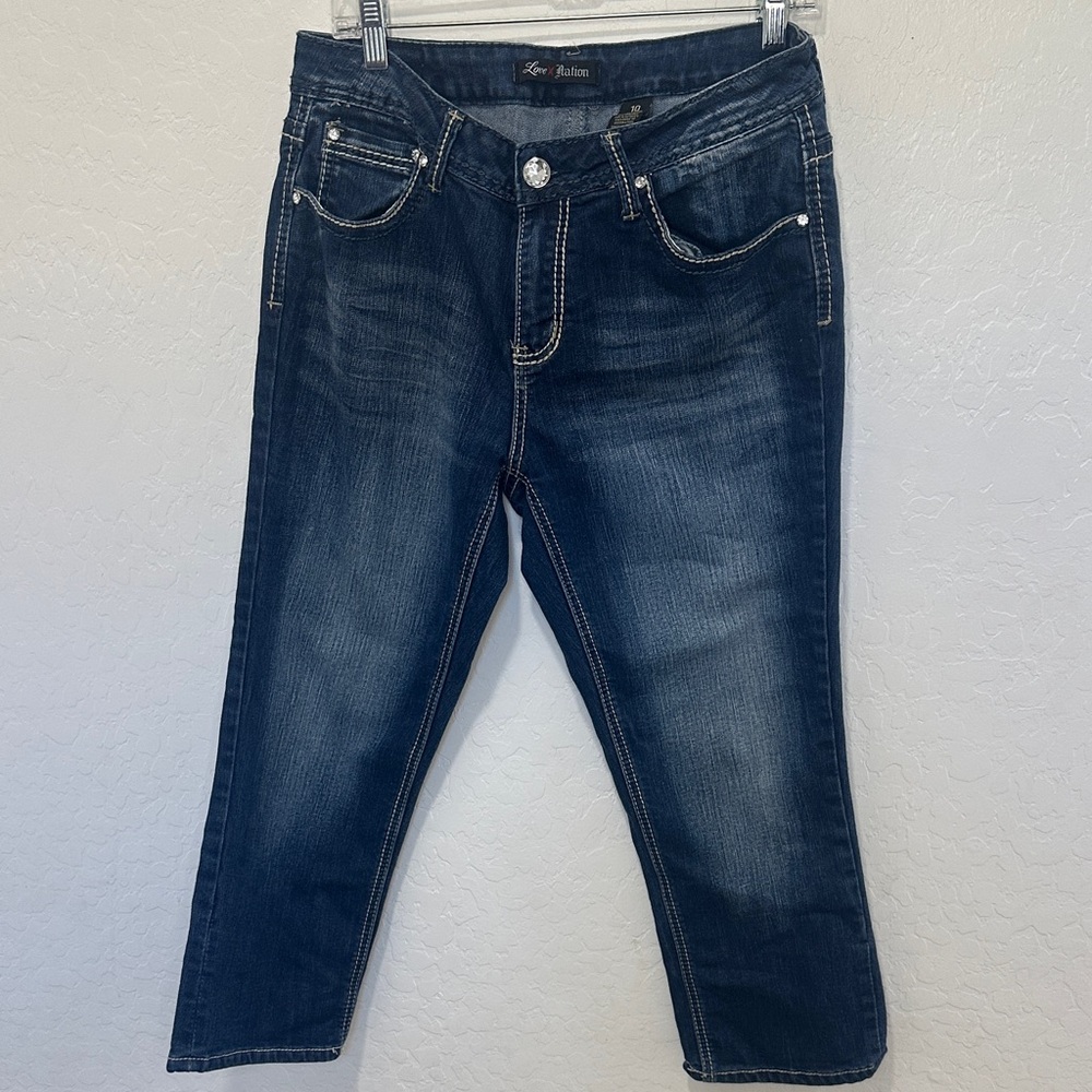 Love Nation Women's‎ size 10 capri Dark Blue Cropped Jeans biker distressed